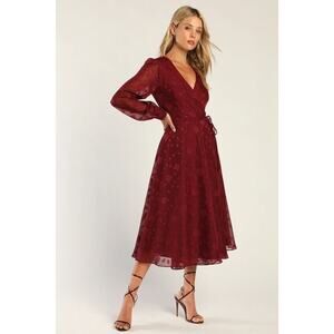 Lulus Evening of Elegance Burgundy Floral Jacquard Wrap Midi Dress XL Wedding